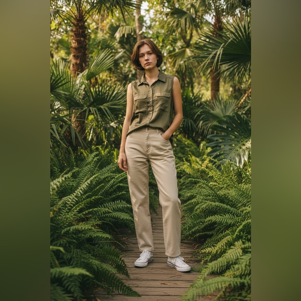 Nicole Miller Olive Sleeveless Button-Down Shirt